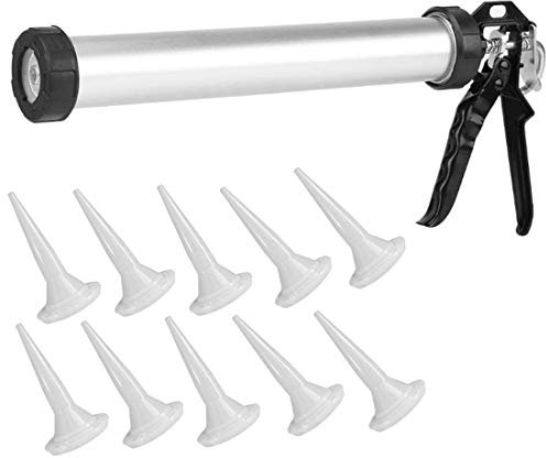 Caulking Gun with 10 Nozzles, Aluminium Sealant Gun for Silicone, Acrylic and Adhesives (600Ml) - Refillable for Easy Application