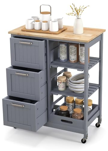 KOMFOTTEU Küchenwagen, vierstöckiger Küchenschrank mit Arbeitsplatte, 3 Schubladen und Lagerregal, Servierwagen für Küche und Esszimmer 67x 37x 84 cm (Grau)