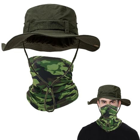QSZHSL Sonnenhut Herren, Multifunktionstuch Schlauchschal Outdoor Fischerhut, Herren Fischerhut, Safari Hut, Sommerhut Breiter Krempe Camo Wanderhut Armee Boonie Hut für Outdoor Wandern Angeln