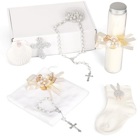 9PCS Baptism Candle Set for Boy Girl Baptism Candle,Baptismal Towel,Socks,Shell,Rosary,Cross Brooch for Baby Dedication Christening Gift,Velas para Bautizo Niño