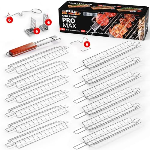 Grill Jumbo Pro Set – 6 Verstellbarer Grillkorb mit Doppel-Gittereinsatz aus Edelstahl für Holzkohlegrill, Gasgrill, Tandoor, BBQ, Smoker – Für Innen- und Außenbereich (6 Grillkorb)