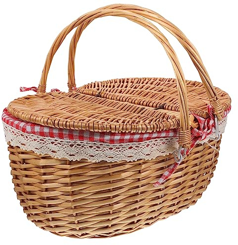 Wekadrin Cesta De Picnic De Mimbre con Asa Y Tapa Canasta Tejida RúStica PortáTil para Excursiones Almacenamiento De Frutas Y Verduras 14.56X9.84X6.69 Pulgadas