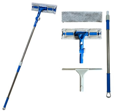 Limpia Cristales con Mango Extensible 132 cm – Escobilla Silicona 28 cm + 2 Paños Microfibra Lavables – Limpieza de Ventanas, Mamparas, Espejos y Parabrisas – Cabezal Giratorio