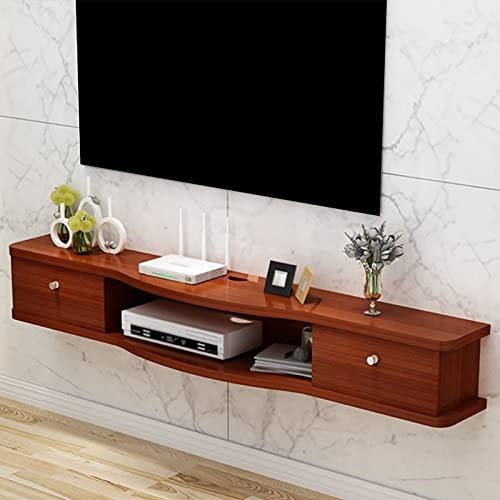 TV-Ständer zur Wandmontage, mobile Unterhaltungskonsole mit 2 Schubladen, stilvolles braun-rotes Medien-Regal, 140 x 24 x 18 cm, für Wohnzimmer und Schlafzimmer