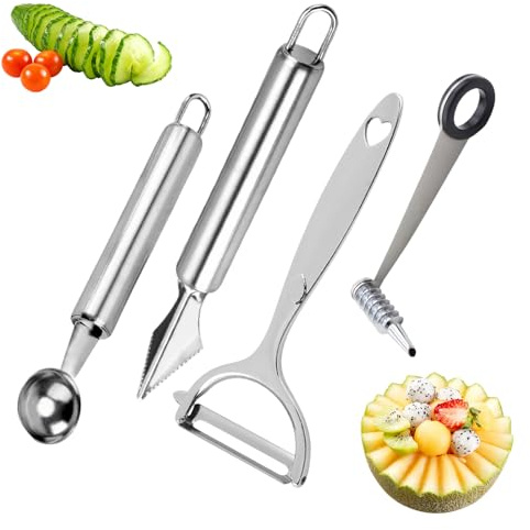 4-Piece Kitchen Spiral And V-Shaped Tools, Vegetable Peeler, Crinkle Cutter Knife, Multifunctional Kitchen Set, Manual Kitchen Tools for Creative Food Decoration（Silvery）