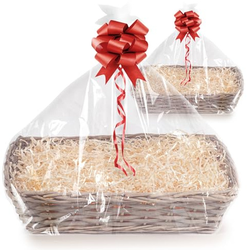Woodluv Set of 2 Handwoven Wicker Gift Hamper Baskets, Grey Finish with Red Ribbon, DIY Empty Hamper Kit, Stylish Storage & Presentation Basket for Christmas, Birthdays, Weddings, and Festive Gifting