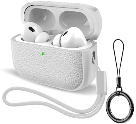 Schutzhülle für AirPods Pro 3 (2025), Stoßfeste TPU-Lederstruktur-Hülle mit Schlüsselanhänger, Handgelenksband und Sichtfenster für LED-Anzeige (Weiß)