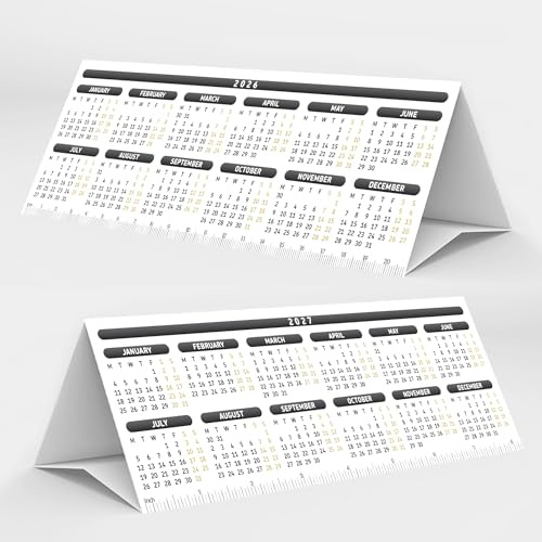 PlannerHead 2026 & 2027 Year to View Desk Calendar Planner/Stand-Up Tent Card / 2 Year Desk Calendar/Laminated Black/Made in UK/Sustainable Materials