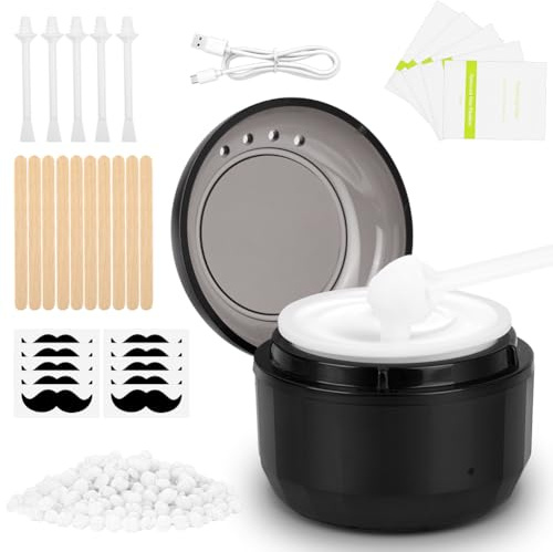 AYBUY Chauffe Cire Epilation, Kit d'épilation à la Cire pour Épilations, Inclure 50g Perles de Cires, 10 Bâtons Applicateurs pour Corps Entier, Jambes,Visage, Sourcils (Rond)