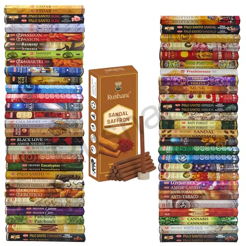 Hem Incense Sticks Gift Set – 300 Sticks (15 Packs x 20 Packs) + Free Rushant Sandal Saffron Dhoop Sticks – Long Burning Aromatherapy for Meditation, Yoga, Relaxation & Home Fragrance