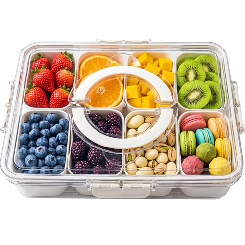 Snackle Box with Lid and Handle, Multi-Compartment Divided Serving Tray Snack Box, Portable Airtight Food Storage Container for Plane, Travel & Picnics, Party Organiser for Fruit, Sweets (Cream White)