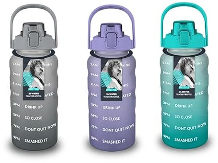 Fitstyle 2L Leakproof Water Bottle - Mechanical Push Button & Removable Straw - Large Sports Jug with Time Markings For Fitness - Grey, Purple Turquoise