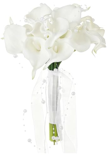 yeeplant European Style Bridesmaids Bouquets With Pearls, White Calla Lily Bridal Bouquet, 11 X 8.3 In, Artificial Wedding Bouquet, Never Withered Bouquet