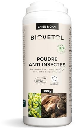 Biovetol - Poudre répulsive antiparasitaire pour Chien &Chat - Bio Certifié Ecocert - Anti-puces, Anti-Tiques, Anti moustiques – sans rinçage- Conçu et Fabriqué en France - 100g