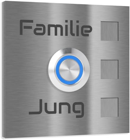 Jung Edelstahl Design - Edelstahl Türklingel Köln Aufputz oder Unterputz - 7 X 7 cm mit LED Drucktaster - Klingel aus V2A Edelstahl geschliffen - Haustürklingel (LED blau)