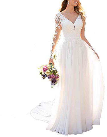 Findlovewedding Robes de mariée pour la mariée 2019 avec des Appliques de Dentelle - Ecru - 46