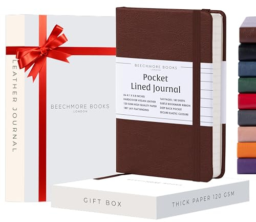 Beechmore Books Notizbuch liniert - A6, Braun, Taschenformat I Premium Hardcover Diary aus veganem Leder, 120gsm creme Papier, Geschenkbox, für Schriftsteller, Journalisten, Meetings & Studenten