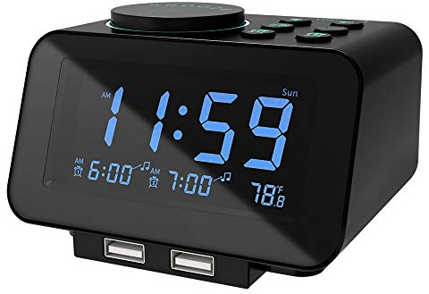 uscce Digital Dual Alarm Clock Radio - 0-100% Dimmer with Weekday/Weekend Mode, 6 Sounds Adjustable Volume, FM Radio w/Sleep Timer, Snooze, 2 USB Charging Ports, Thermometer, Battery Backup