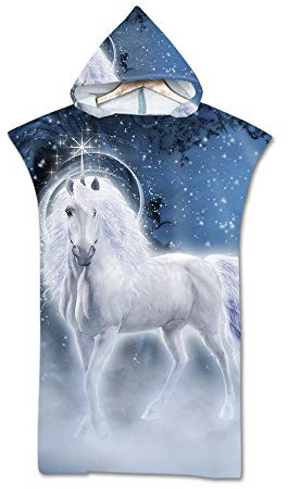 FANSU Poncho con Cappuccio, Stampa Compatto Asciugamano per Cambiarsi con Microfibra Assorbente per Mare Spiaggia, Nuoto, Surf, Donne & Uomini (75 * 110cm,Cavallo Bianco)