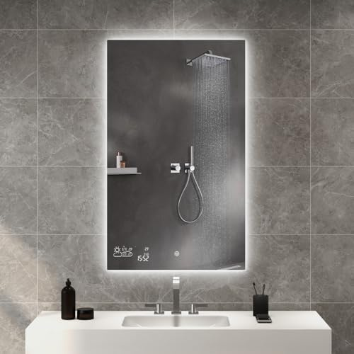byecold Badrumsspegel med LED-belysning, Anti-dimma, 100 x 60 cm, Smart Spegel med Wifi Väderstation, Datum och Vertikal Pekknapp