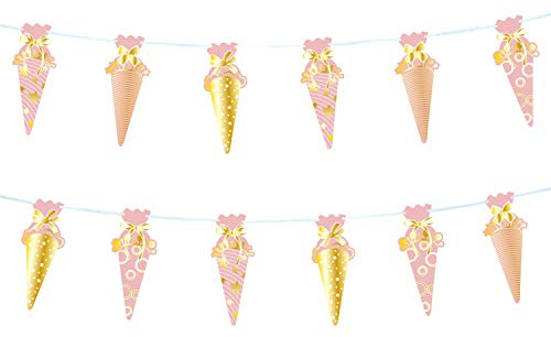 Oblique Unique® Zuckertüten Girlande Hänge Deko für Schuleinführung Einschulung Schulanfang Schulstart Dekoration Banner Schule Mädchen Rosa Gold