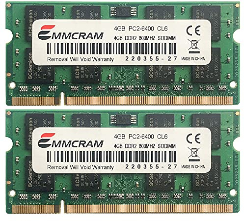EMMCRAM PC2-6400 DDR2-800 200 PIN SoDIMM - Memoria RAM sin búfer para portátil Dell E6400, E6500, Inspiron 1545, M4400, E5500 (8 GB, 2 x 4 GB)