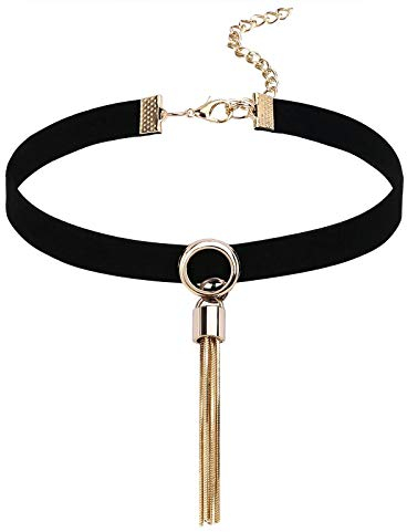 Gualiy Kragen Halskette Einstellbar Halskette Gliederkette Samt Quaste O-Ring Form Anhänger Gothic Halsband Gold Schwarz mit Zirkonia, 32+7.2 cm