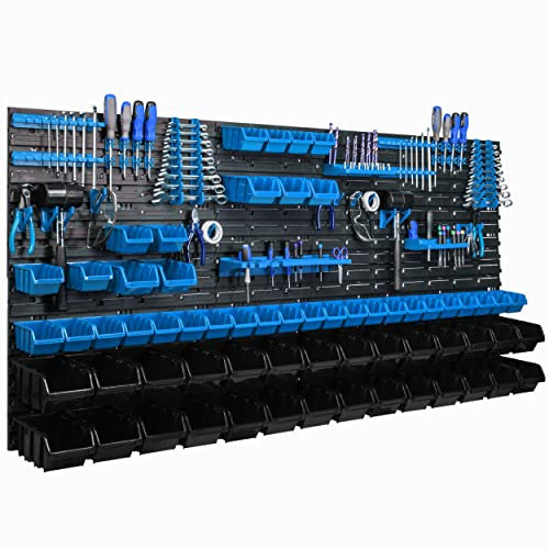 Lagersystem Wandregal 173x78cm, Werkzeughalterungen, 63 stck. Stapelboxen Schüttenregal Sichtlagerkästen, Extra Starke Wandplatten, Regal Erweiterbar, Werkstattregal Lagerregal Werkstattwandregal Ste