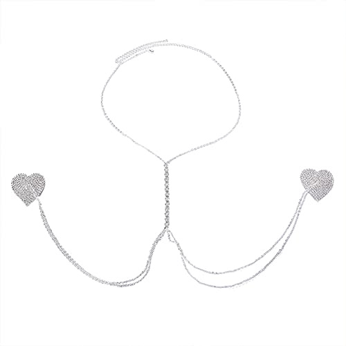 Strass Nippel Pasties Aufkleber Brust Abdeckung Quaste Brust Patch Dessous Unsichtbar Klebrige Kleber BH Halskette Körperkette mit Aufbewahrungstasche Silber, 6 cm, silber, 6 cm