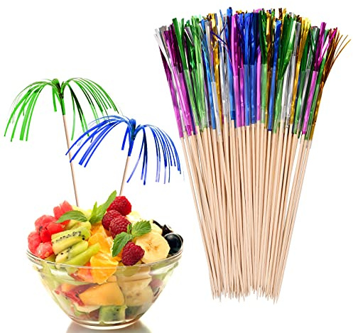 Cozlly 100 Pz Stuzzicadenti Decorativi da Cocktail, 15cm Stecchini da Cocktail Fuochi d'Artificio, Decorazioni per Cocktail, Bastoncini da Frutta Legno per Cocktail Feste Panini Tartine Aperitivi