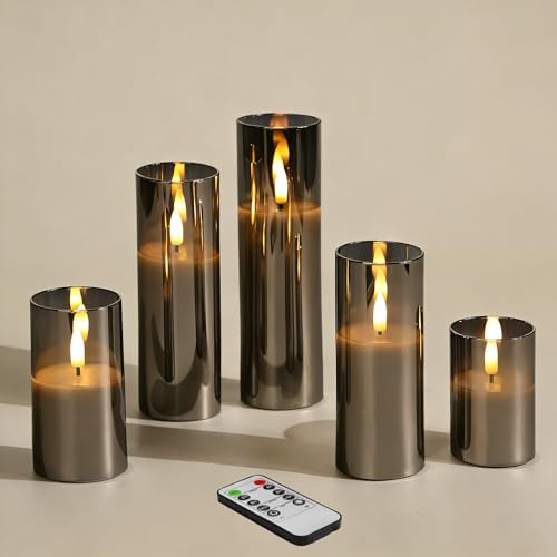 Eywamage Schlanke LED-Kerzen aus grauem Glas mit Fernbedienung, flackernde flammenlose batteriebetriebene Votiv-Stumpenkerzen Φ 2 H 3 4 5 6 7