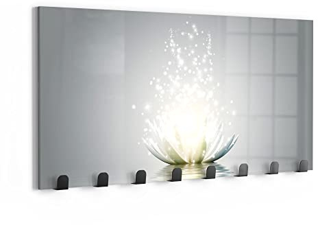 DEQORI Appendiabiti da parete in vetro e metallo, motivo fiori di loto scintillanti, 60 x 30 cm, design moderno, pannello appendiabiti per corridoio, soggiorno e camera da letto, magnetico e