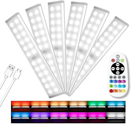 Diomart Under Cabinet Lights, Rechargeable Motion Sensor Light Indoor Night Lights, 58 LED Wireless Under Counter Lighting with Remote Control for Kitchen, Wardrobe, Hallway, Stairs (6 Pcs)