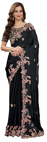 TRENDMALLS Sari da donna in seta ricamata, con blusa senza cuciture, nero, taglia unica