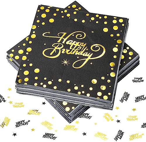40 Stück Servietten Happy Birthday, Servietten Geburtstag Schwarz Gold, Schwarz Folierte Geburtstagsservietten, Schwarz Gold Deko Geburtstag, 33x33cm für Junge Mädchen Geburtstag Party Deko