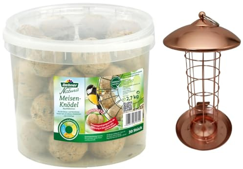 Dehner Natura Wildvogel-Meisenknödelsäule Joelle, Ø 16 cm, Höhe 30 cm, Metall, Kupfer & Natura Wildvogelfutter, Meisenknödel, ohne Netz, 30 Stück je 90 Gramm (2.7 kg)