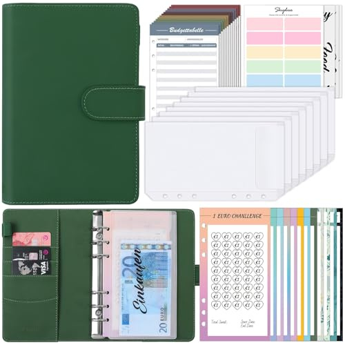 SKYDUE Budget Planner, Budgetplaner Deutsch, Sparbuch Für Geld,Haushaltsbuch Cash Organizer Mit Geldfächer（Waldgrün）
