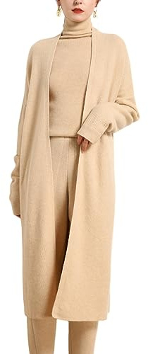 DISSA Gilet Cachemire Femme Col V Beige Long Tricoté en Vrac Manches Longues épais Cardigan en Cachemire et Laine,Taille Unique,MZ2312
