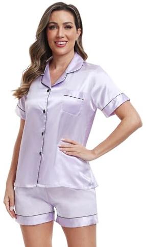 Teemie Conjunto de Pijama para Mujer Dos Piezas Ropa de Dormir Manga Corto Sexy Botones Camiseta Set Suave Pantalones Top Verano Casa Descanso Lila Púrpura L