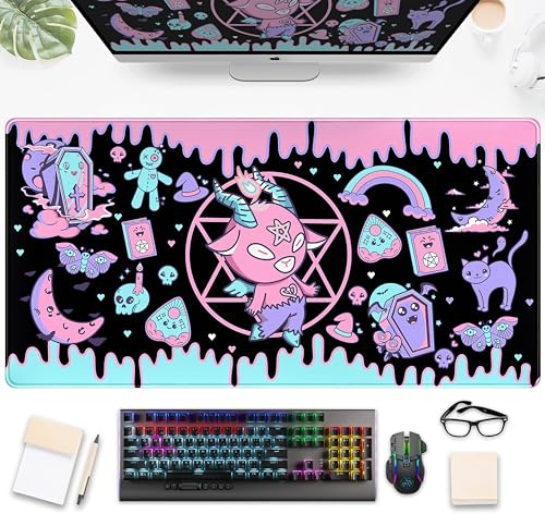 Cute Pastel Goth Desk Mat Kawaii Japanese XXL Extra Large Extended Desk Pad Gaming Mouse Pad, Anime Computer Laptop Mat Keyboard and Mouse Mat for Women Office Desk Decor Gamer Gift 31.5x15.75