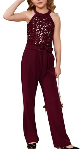 GRACE KARIN Einteiliger Bodysuit Rundhals mit Taschen Jumpsuit Weihnachts-Geburtstagsparty-Outfit Rot 10-12 Jahre