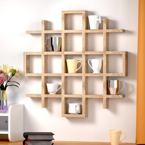 Suzile Übergroßes Holzregal für Kaffeetassen - Wandmontage, 22 Fächer, Schwebendes Kurio-Regal mit Kaffeebecher-Halter und Schattenbox-Funktion