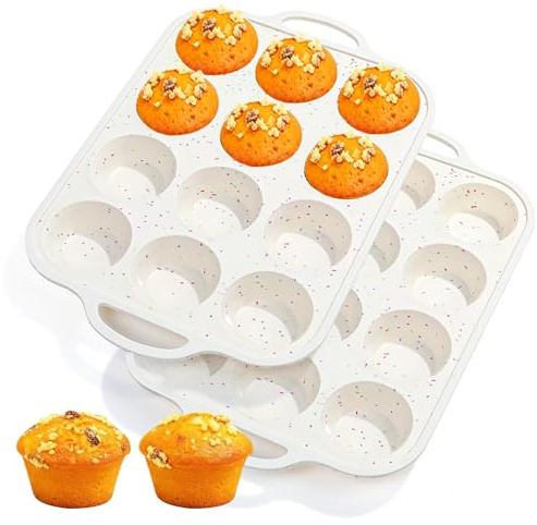 Fimary Silicone Muffin Pans for Baking 2 Pack, 2.8 Inch with Metal Reinforced Frame, Regular Size Nonstick Silicone Cupcake Pan 12 Cups for Baking Homemade Muffins, Cupcakes, Dishwasher Safe BPA Free