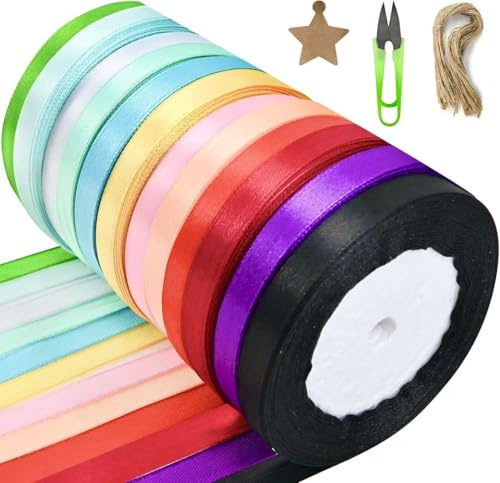 12 färger polyester satinbandsset, dekoration presentband set med 50 kraftpapper presenthängare jutesnöre sax, massivt satintygband, bröllop tygband, dekorativa band satin presentband tyg