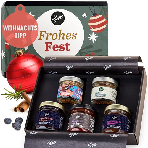 Gepp's Feinkost Weihnachts-Geschenk Frohes Fest I Mini 5er Geschenkset | Weihnachten mit köstlichen Delikatessen I Mit Glühwein Gewürz, Fruchtaufstrich, Bruschetta-Dip & Sauce in Winter-Editionen