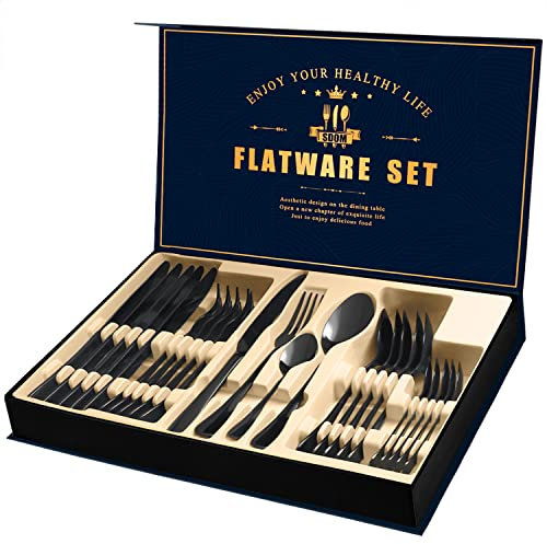 Black Cutlery Set, 24 Piece Stainless Steel Flatware Silverware Set with Fine Mirror Finish, and Dishwasher Safe Blue Utensil Set with High-End Gift Box Including Knife Fork Spoon for 6 People