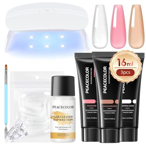 PEACECOLOR Poly Nail Gel Nägel Set, 3 Farben Rosa, Blanco, Nude Nagelset Gelnägel Starterset Gel Nägel Selber Set mit UV Lampe, Poly Nagelverlängerung Poly Extension Gel Set Geschenk für Frauen