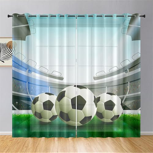Surwin 2 Pezzi Tende Voile Semi Trasparenti con Occhielli, 3D Tende a Vetro Calcio Stampa per Camera da Letto Bambini, Soggiorno (140x275cm, Campo di Calcio)