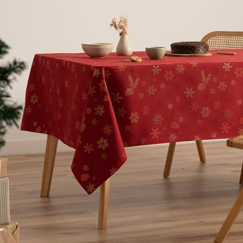GAMUSI Tovaglia Natale Jacquard Filo Dorato Tavolo Sala da Pranzo Rettangolare Decorazione natalizia 140 x 200 cm Colore Rosso