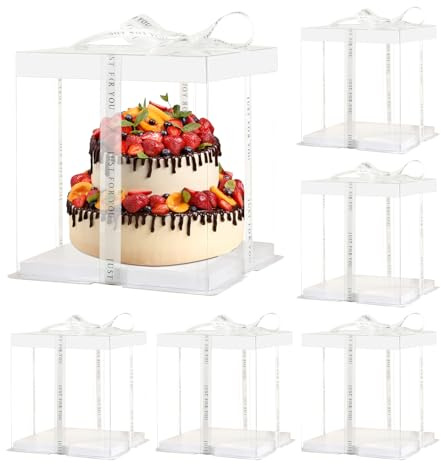 JCD 6 Pcs 2-Layer Tall Cake Packaging Boxes,8x8x9in Clear Cake Box with Ribbon,PET Cake Carrier Transport Container for Tiered Cake (White Lid, 8 * 8 * 9inch/6Pcs)